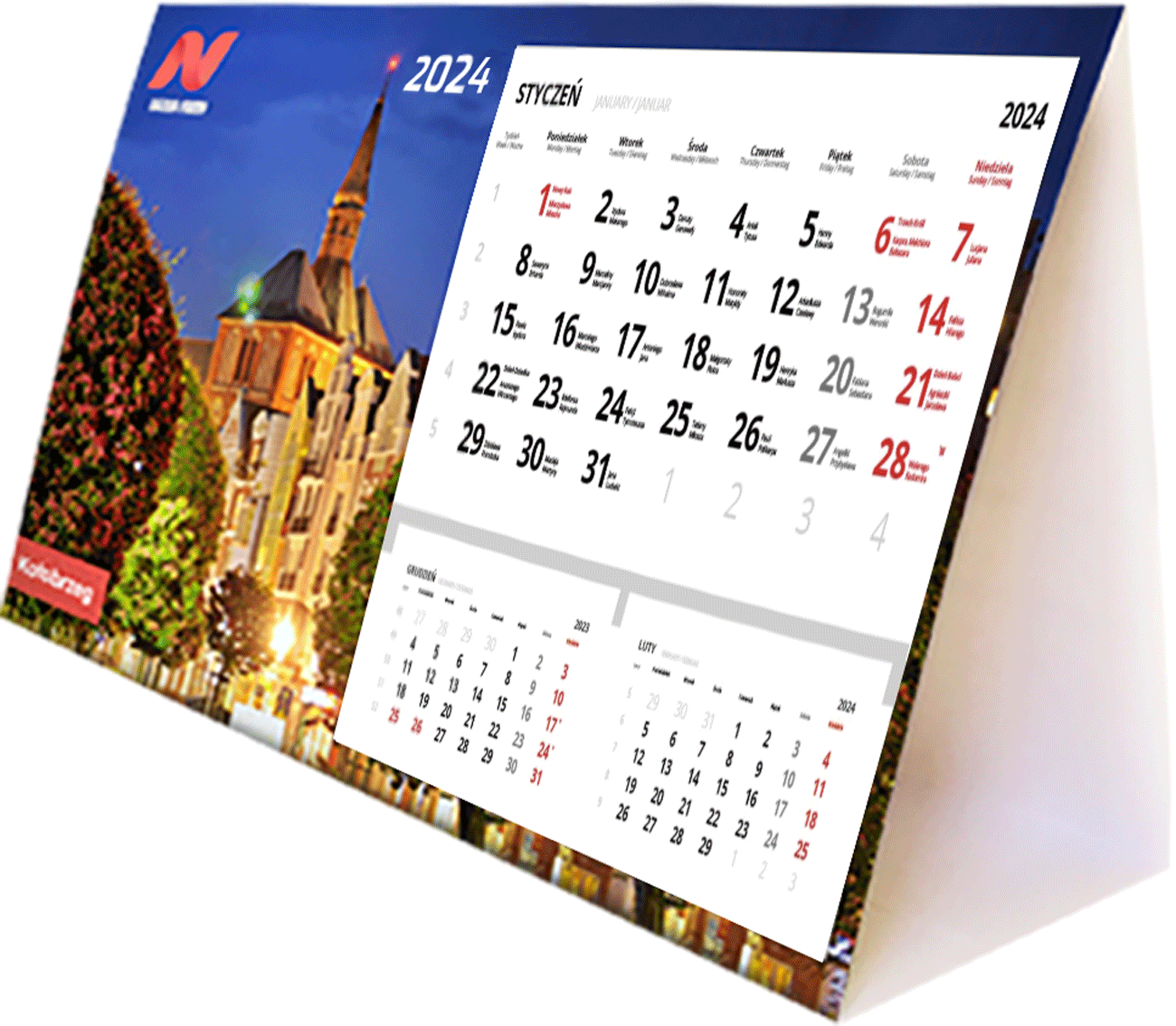 Calendarios en forma de triangulo con publicidad impresa.